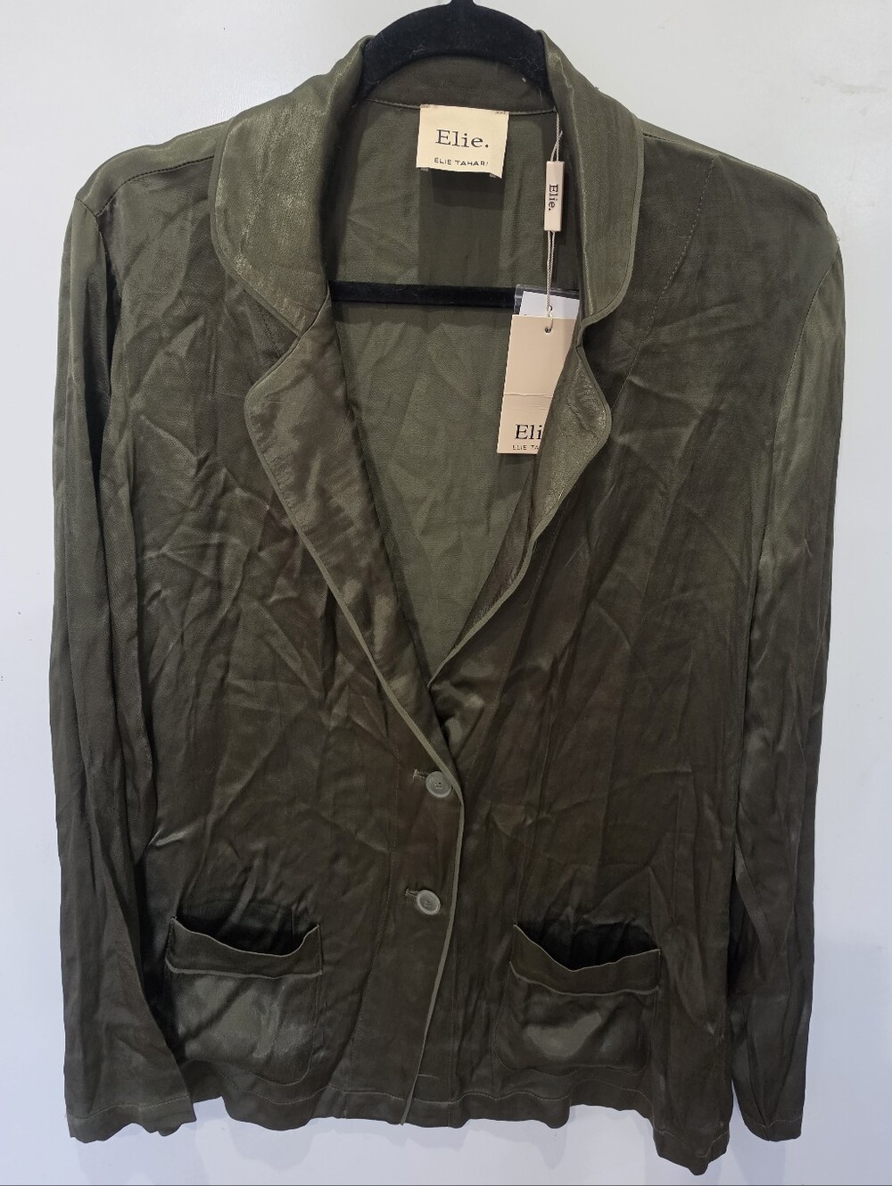 NWT ELlie Tahari Olive Green Relaxed Blazer Jacket Rayon Size L Capsule Wardrobe